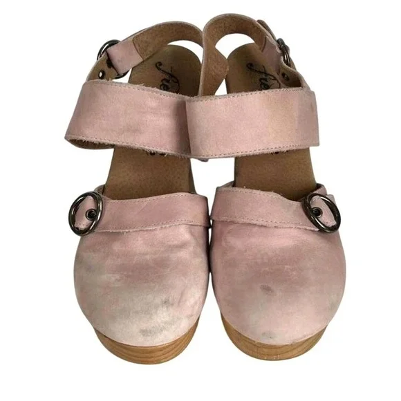 Free People Park Circle Clogs Pink Suede Wooden Platform Slingback Size 38 - Picture 5 of 7